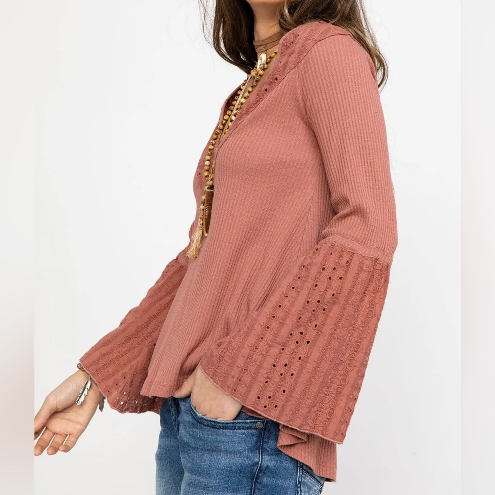 Free People Parisian Nights Long Bell Sleeve Eyelet Top Rose Brown Size Medium - Picture 2 of 15